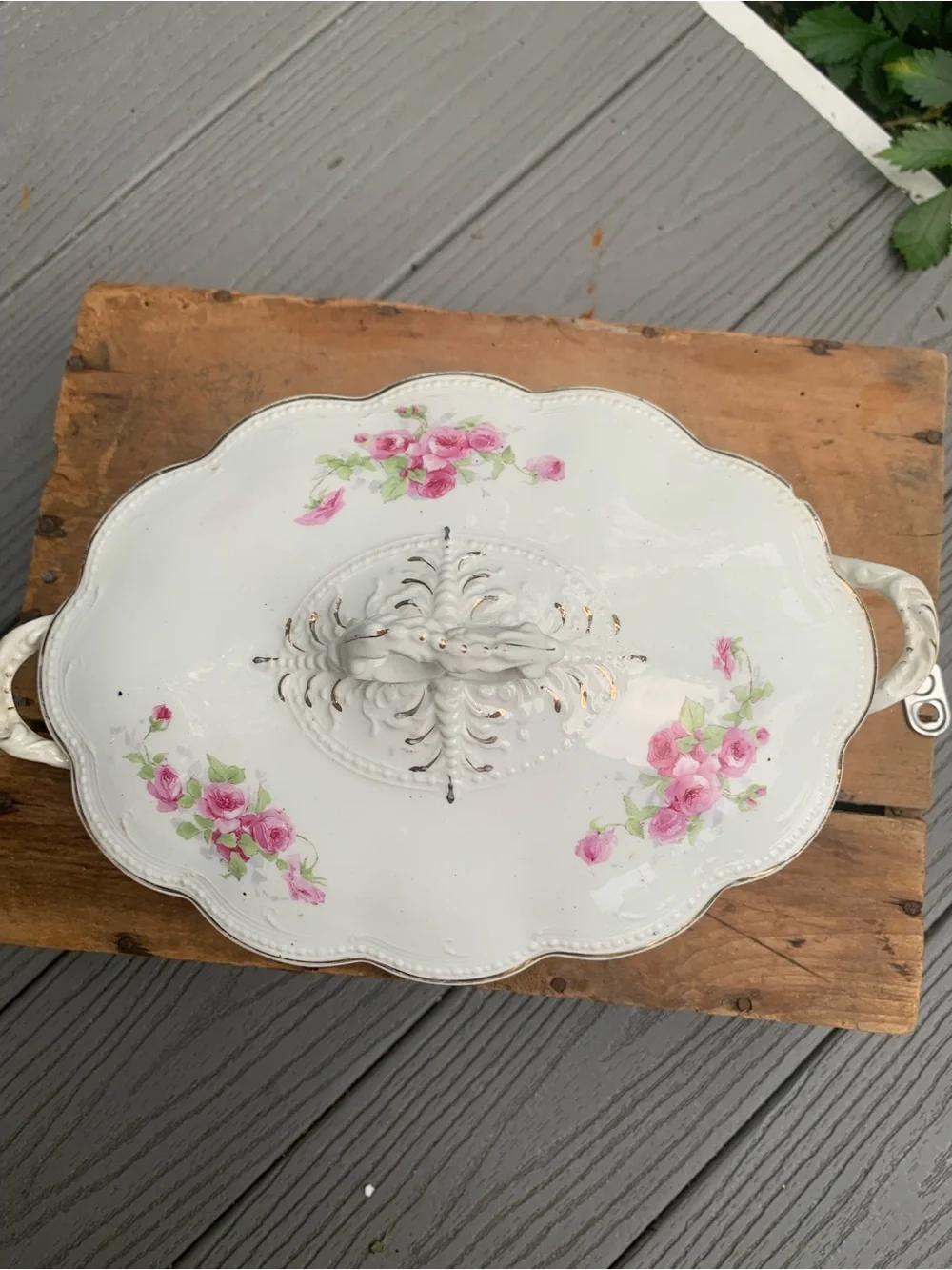 Vtg Porcelain Covered Serving Dish with Pink Rose Motif